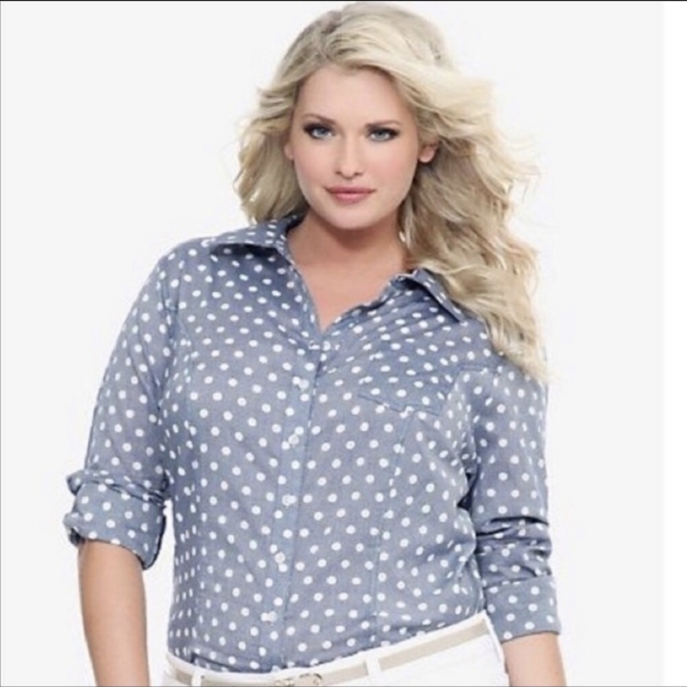 Torrid Button Polka Dotted Blouse Button Sleeved